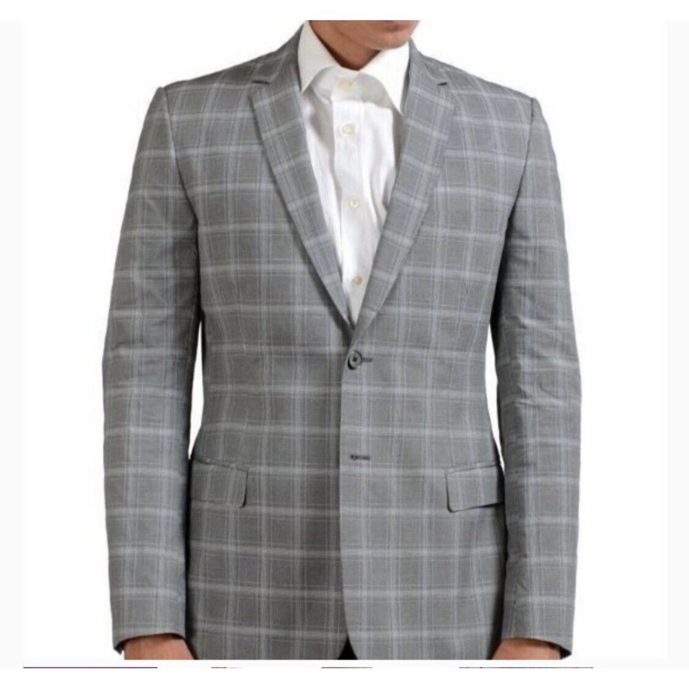 Hugo Boss Hutson Sport Virgin Wool Blazer 48R MenSlim Fit Plaid Light Gray NWOT